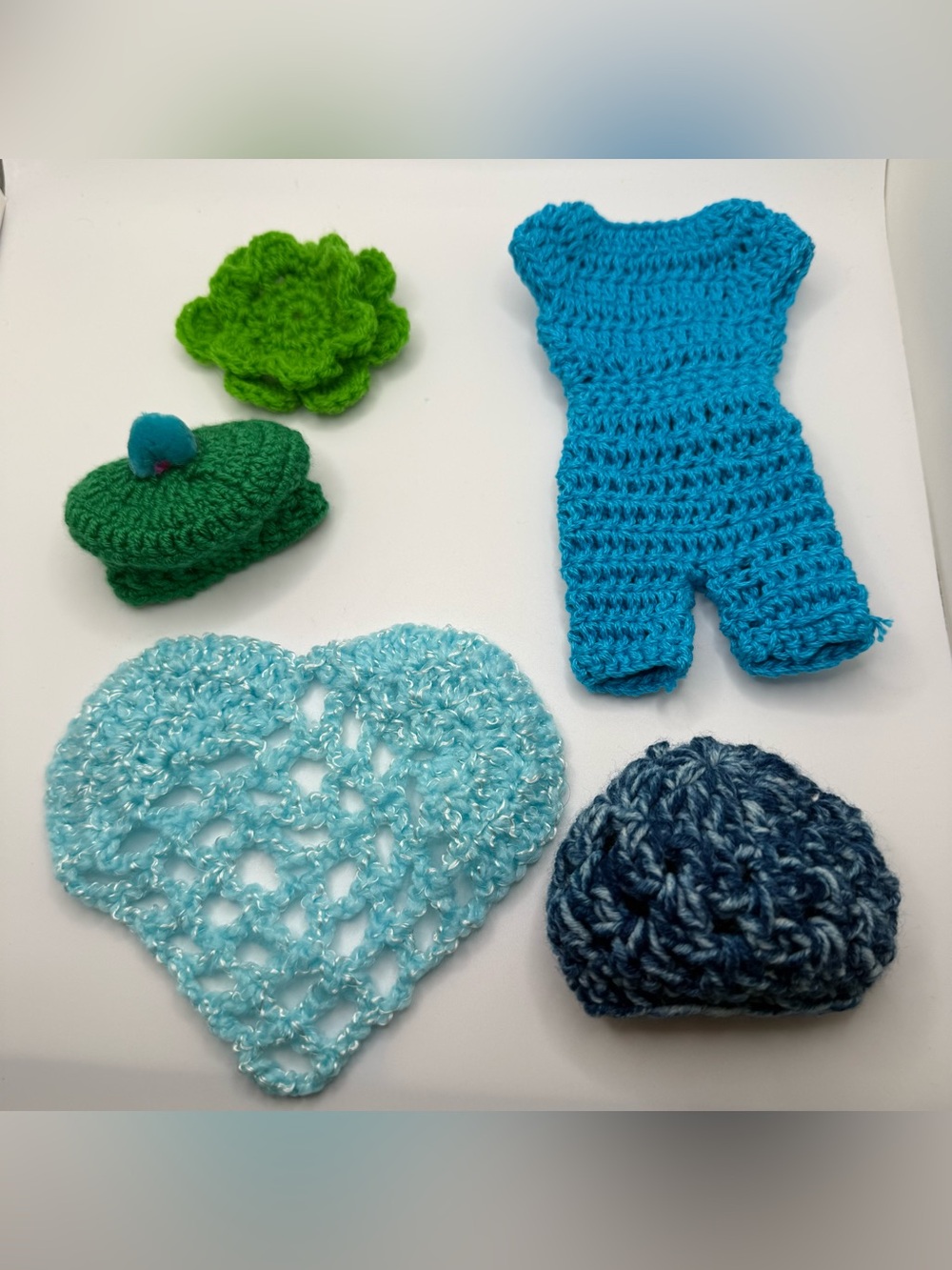 Handmade Blue Crochet Doll Outfit & Accessories Set romper hat
